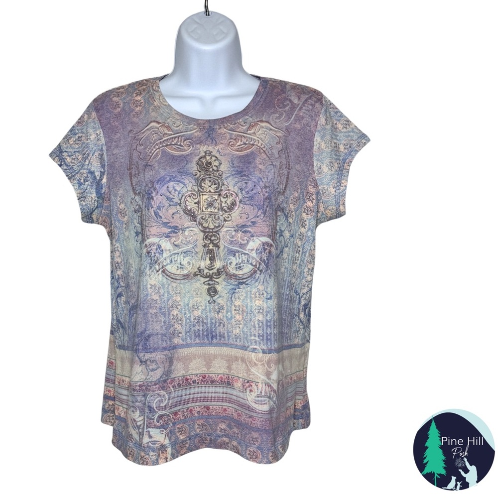 xcit USA T-shirt Baby Tee Vintage Y2K 90s Purple Floral Rhinestones Boho Size PM